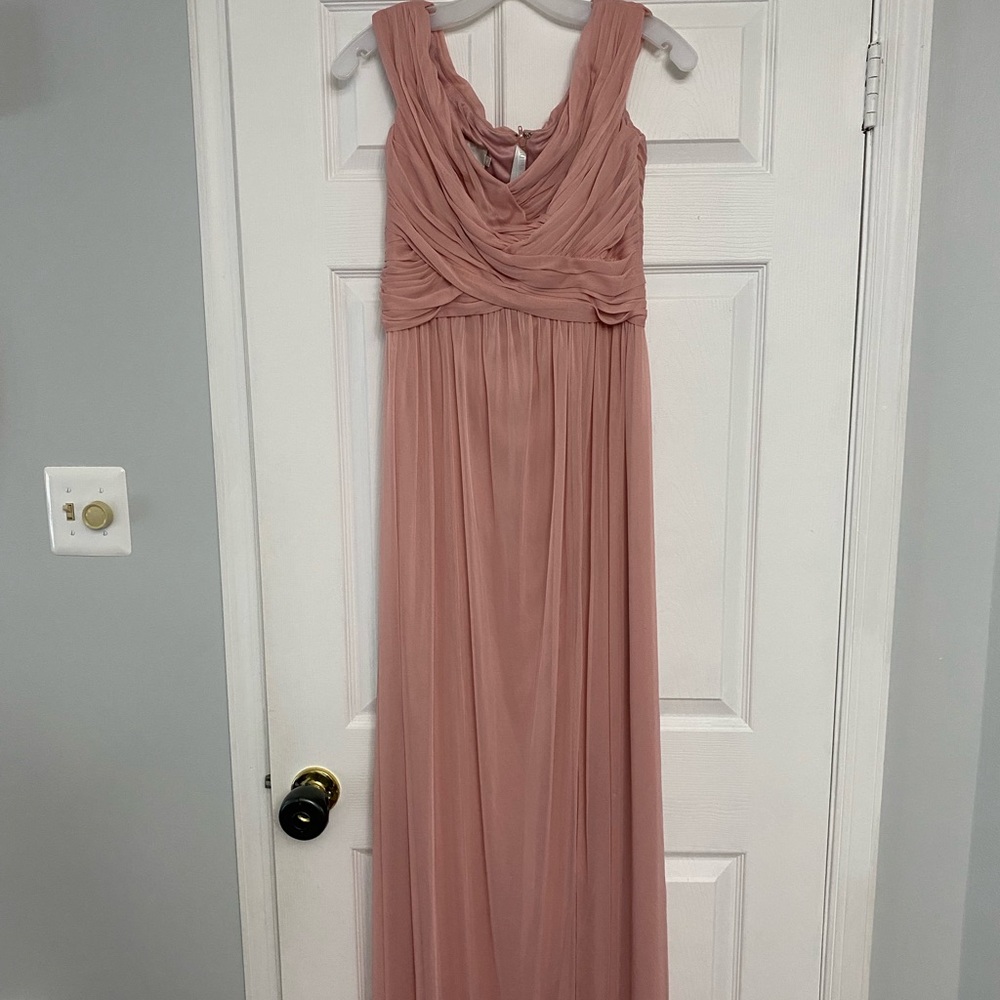 David’s Bridal crisscross off-the-shoulder mesh bridesmaid dress